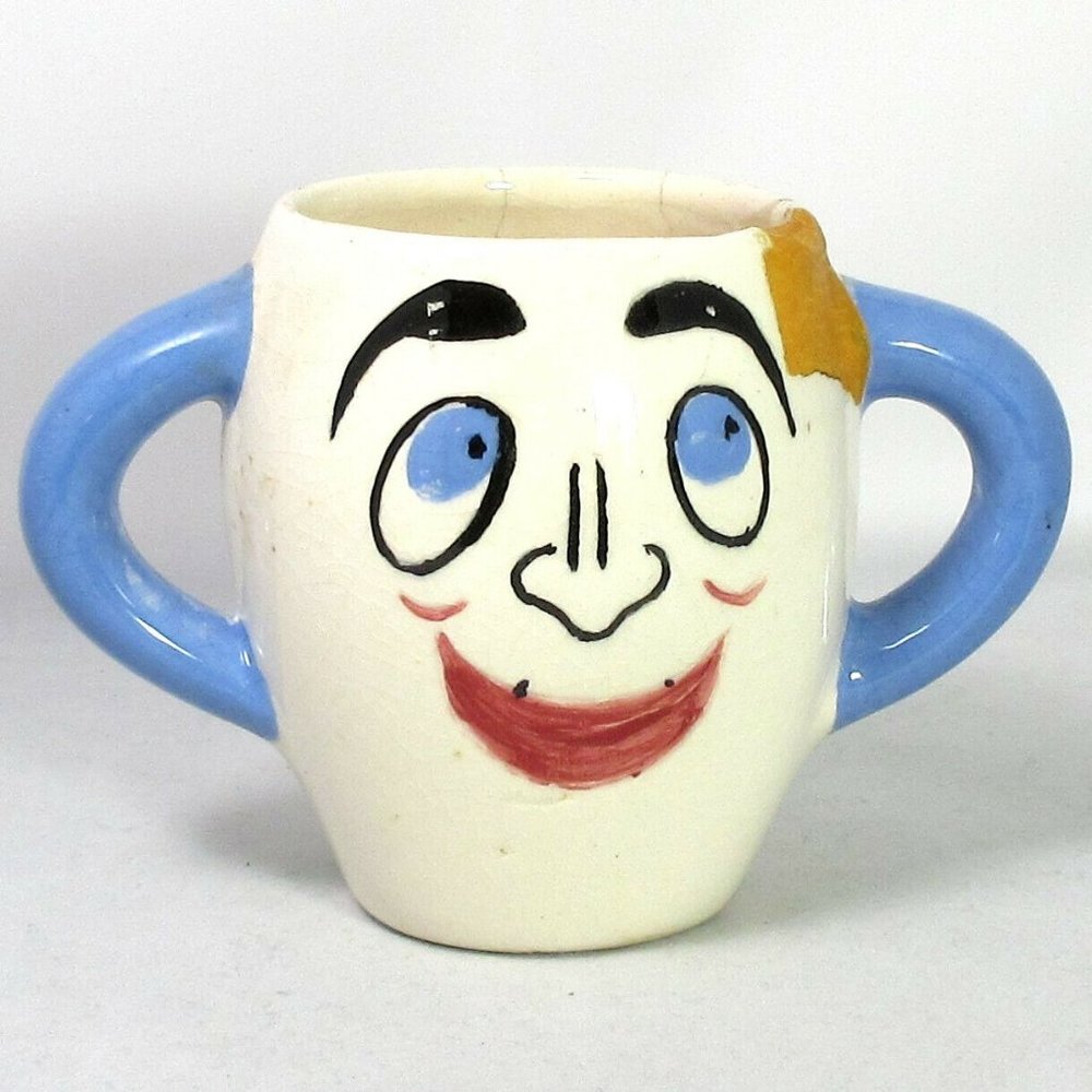 1925 Antique Kind Angry Two Face Double Handed Ceramic Mug Baby Cup Hand Painted